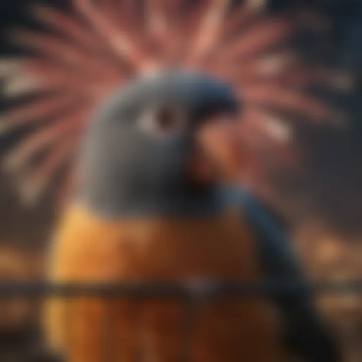 A pet bird looking anxious in its cage during a fireworks event.