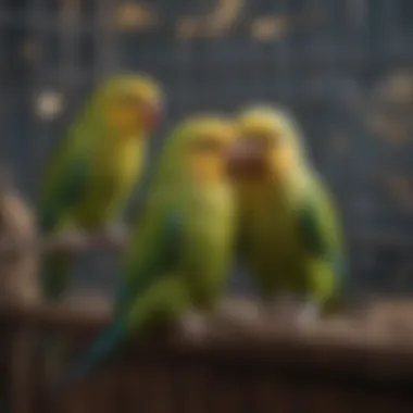 Parakeets interacting and playing in a large cage