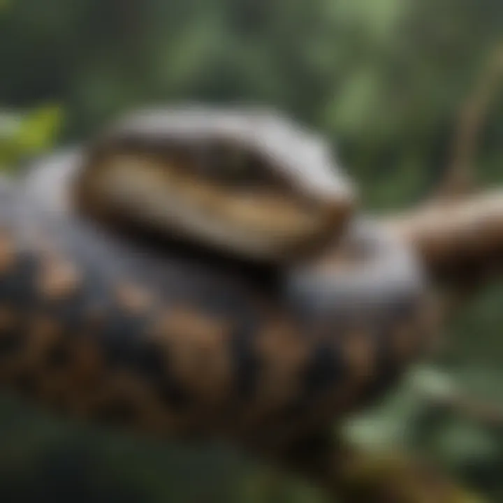 A close-up of a snake coiled on a branch, emphasizing its intricate patterns.