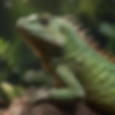 A vibrant green iguana basking in sunlight, showcasing its stunning scales.