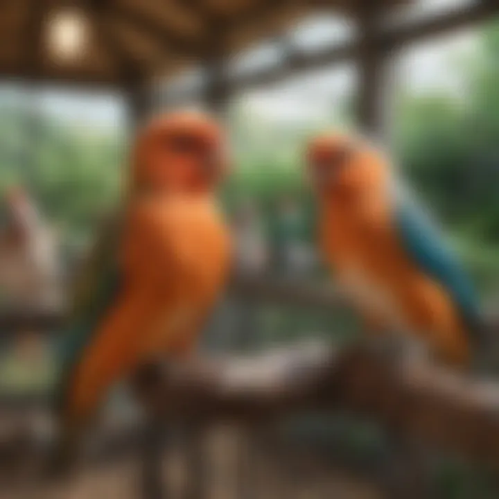 A tranquil scene of various pet birds in a spacious aviary, highlighting their social behavior and interaction.