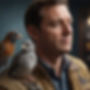 The Bond: Bird and Caretaker Connection A serene environment featuring a bird perched on a shoulder, illustrating the bond between owner and pet.