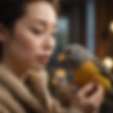 A close-up of a bird owner lovingly interacting with their pet bird in a cozy environment.