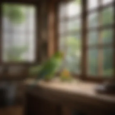 Cultural Harmony: Pet Bird in a Japanese Home A serene living space featuring a colorful parakeet perched on a traditional Japanese window.