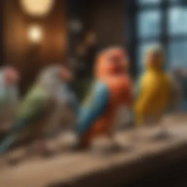 Diverse Avian Companions: Popular Species in Japan An array of popular pet bird species commonly owned in Japan displayed in a vibrant setting.