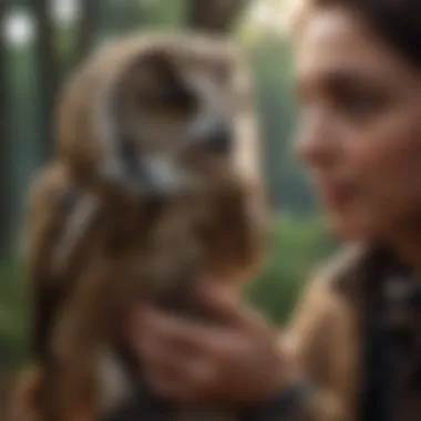 A person interacting with an owl, demonstrating the bond between them.