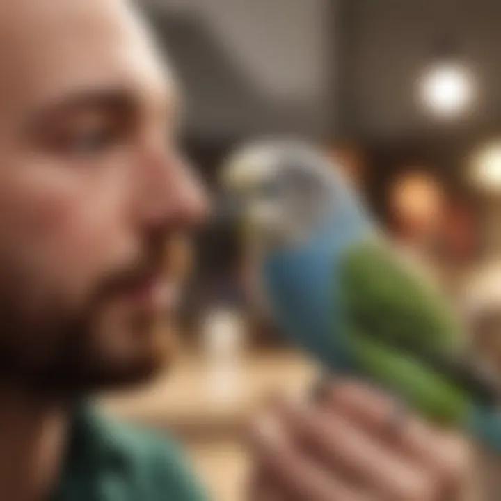 A budgerigar interacting with its owner, showcasing social bonding.