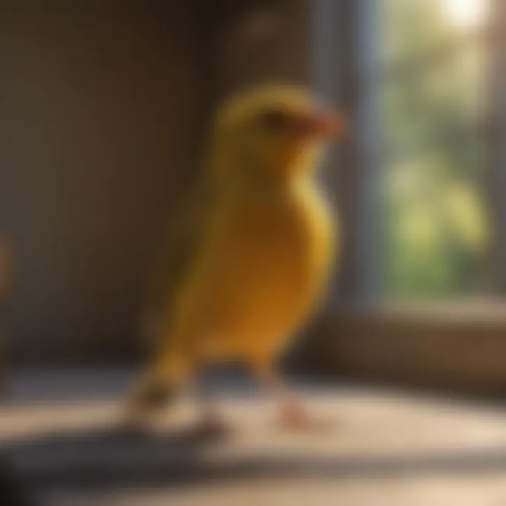 A serene setting with a canary singing in a sunny room.