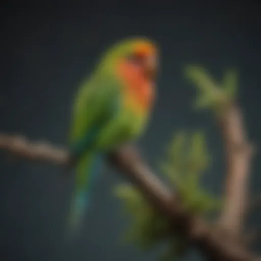 A colorful parakeet perched on a branch, chirping melodiously.