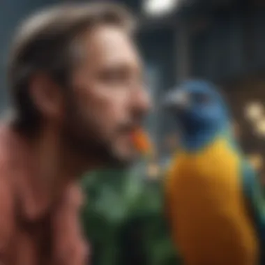 Engaging Conversation with a Bird An owner engaging in conversation with their talking bird