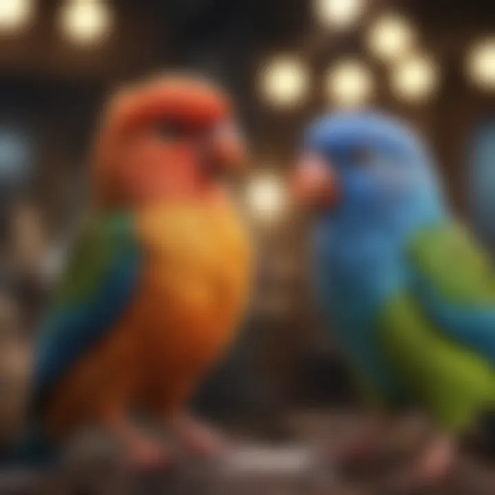 A colorful array of talking pet birds in a playful environment