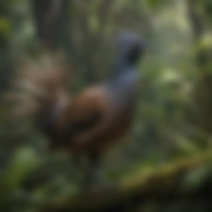 A lyrebird mimicking the sounds of its surroundings, surrounded by lush greenery.