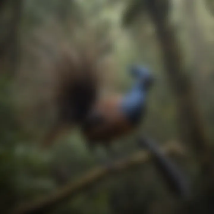 A lyrebird perched elegantly on a branch, showcasing its stunning tail feathers.