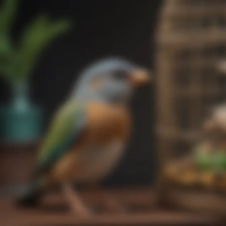 An example of a well-organized bird cage with enrichment activities for avian pets.