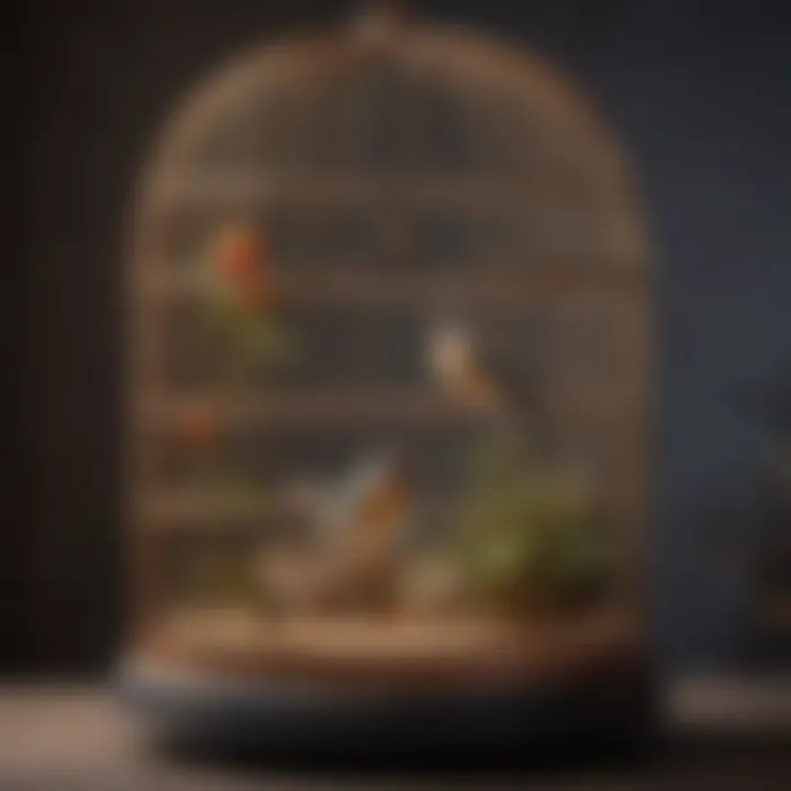 A spacious and beautifully designed bird cage filled with natural perches and toys.
