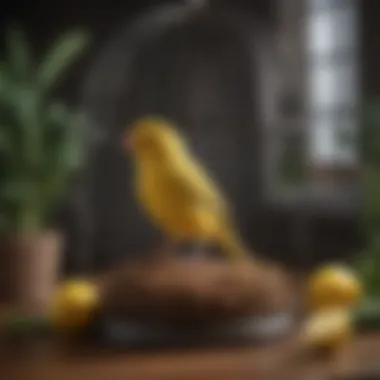 Elegant Canary in Its Habitat A serene setting featuring a canary in a stylish cage