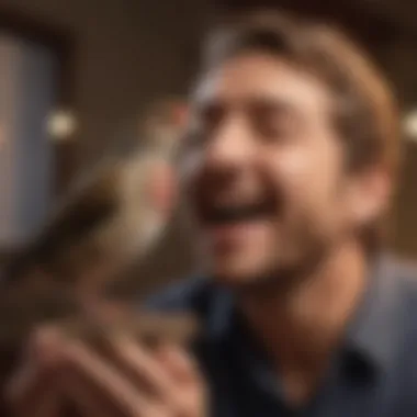 An owner interacting with a singing finch in a playful manner