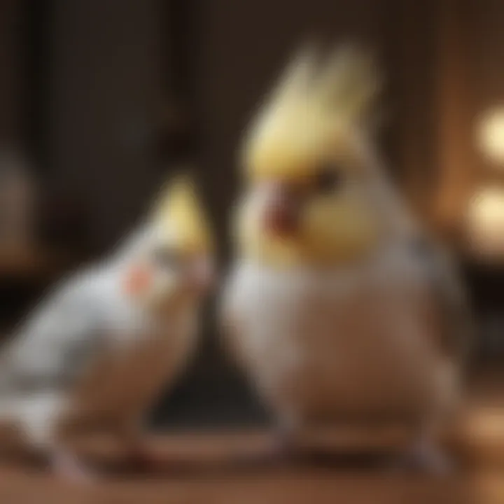 A cockatiel interacting playfully with a person, highlighting social engagement