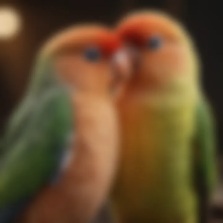 A lovebird cuddling with another lovebird, illustrating deep affection among species