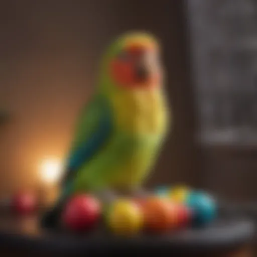 A vibrant parakeet perched on a colorful toy in its cage