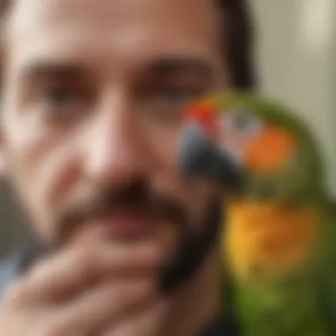 A close-up of a parrot interacting with its owner, highlighting the bond