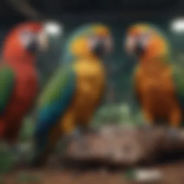 Various species of parrots displayed together in a habitat setting