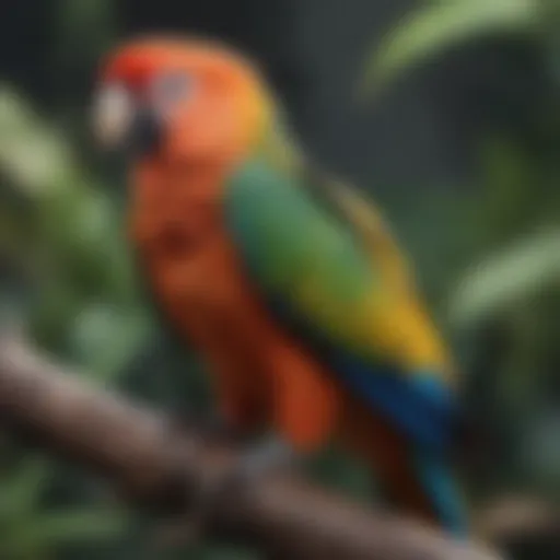 A vibrant parrot perched on a branch showcasing its colorful feathers