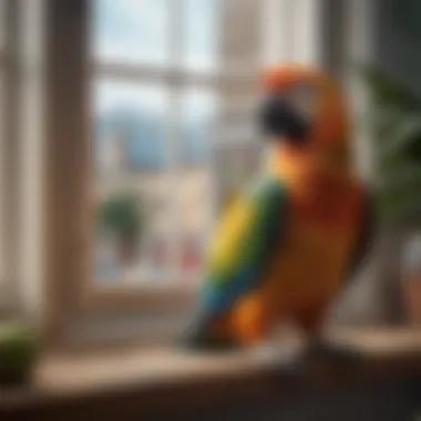 A colorful parrot perched near an open window, symbolizing the potential for escape