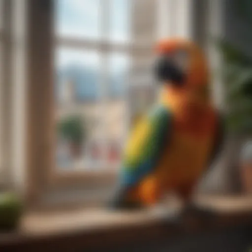 A colorful parrot perched near an open window, symbolizing the potential for escape