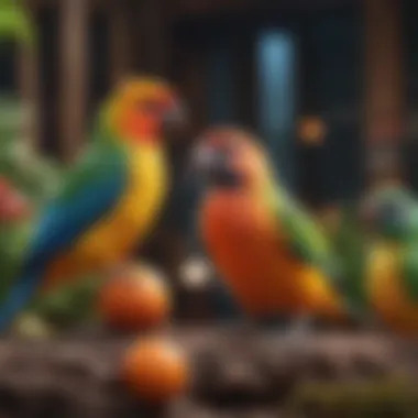 A colorful variety of pet birds showcasing their beauty in a vibrant setting.