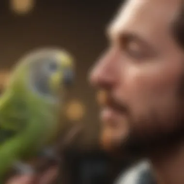 A close-up of a budgie interacting playfully with its owner.