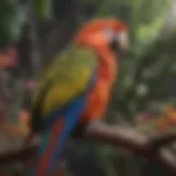 A vibrant parrot perched on a colorful branch, showcasing its feathers.