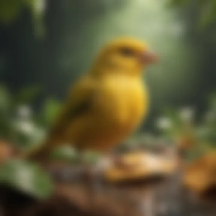 A serene canary perched on a leaf, enjoying a natural outdoor bathing experience during sunlight