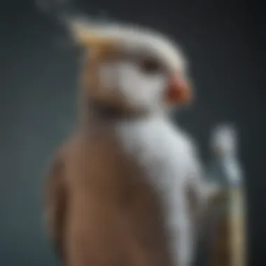 An elegant cockatiel being misted with water from a spray bottle, showcasing its feathers