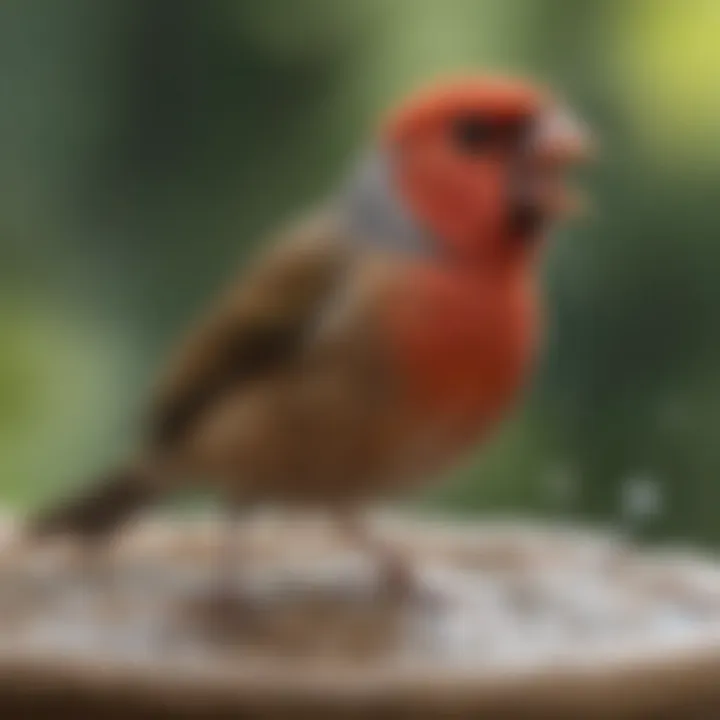 A colorful finch splashing water joyfully in a birdbath, highlighting its playful nature