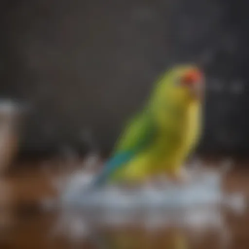 A vibrant parakeet enjoying a gentle bath in a shallow dish filled with water