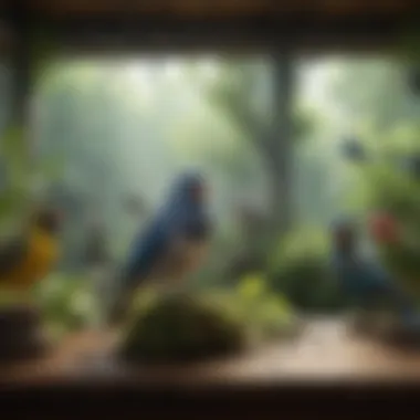 A serene aviary environment filled with various birds in their natural habitat.