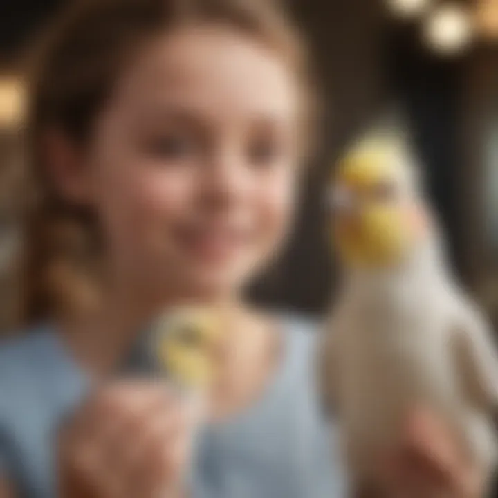 A child interacting joyfully with a cheerful cockatiel