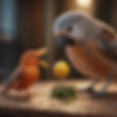 Bird Engaged with Toy A pet bird actively playing with a chew toy