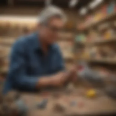 A bird owner selecting toys in a pet store