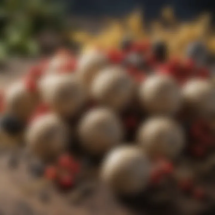 Close-up of suet balls loaded with seeds and berries.