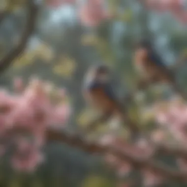 Birds interacting with flowering trees