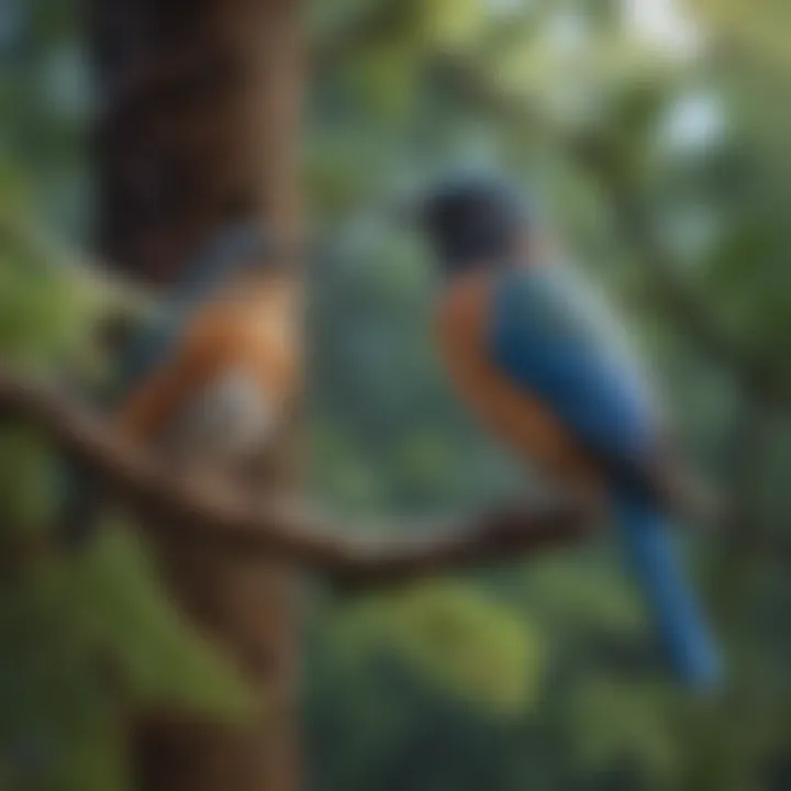 Diverse bird species perched on a tall tree branch