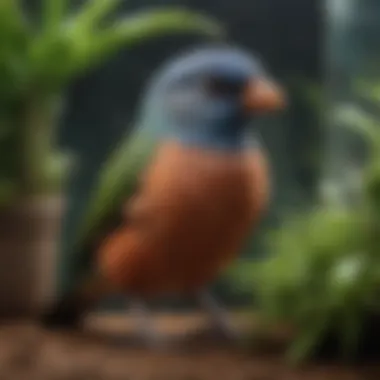 Pet Bird in Optimal Lighting A close-up of a pet bird enjoying its terrarium environment with optimal lighting
