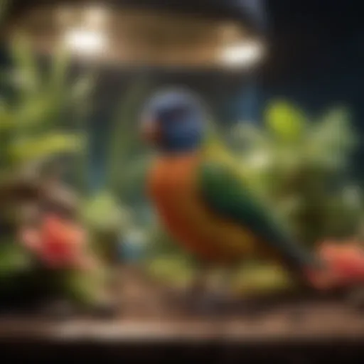 A vibrant terrarium setup with a pet bird basking under UV light