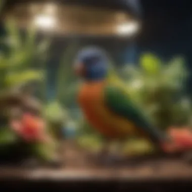 Vibrant Terrarium with Pet Bird A vibrant terrarium setup with a pet bird basking under UV light