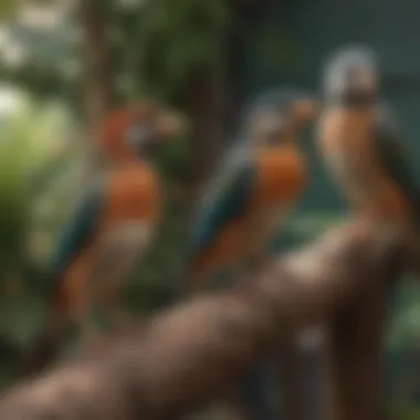 Outdoor Aviary with Diverse Bird Species A serene outdoor aviary setup showcasing various bird species enjoying natural surroundings.