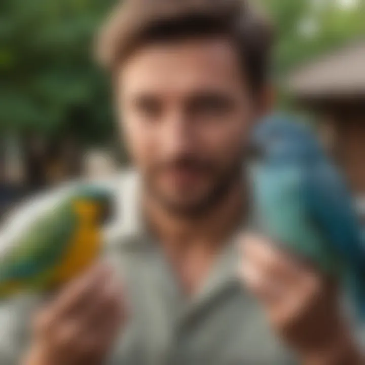 An owner engaging with their pet bird during an outdoor walk, emphasizing the bond between them.