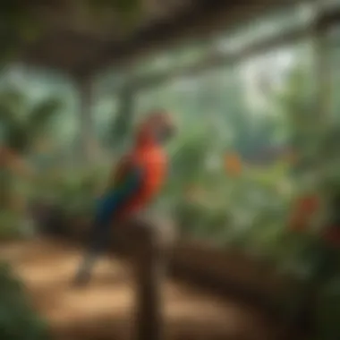 Vibrant Aviary Environment for Bird Health Vibrant plants and structures in an aviary environment that promote bird health and well-being.