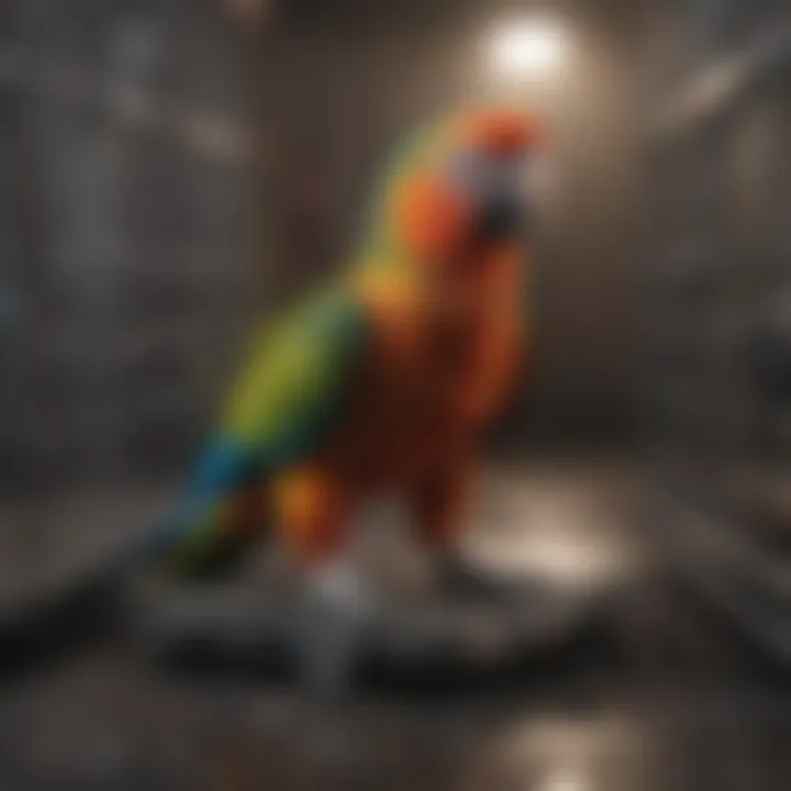 A parrot exploring a cage equipped with wheels